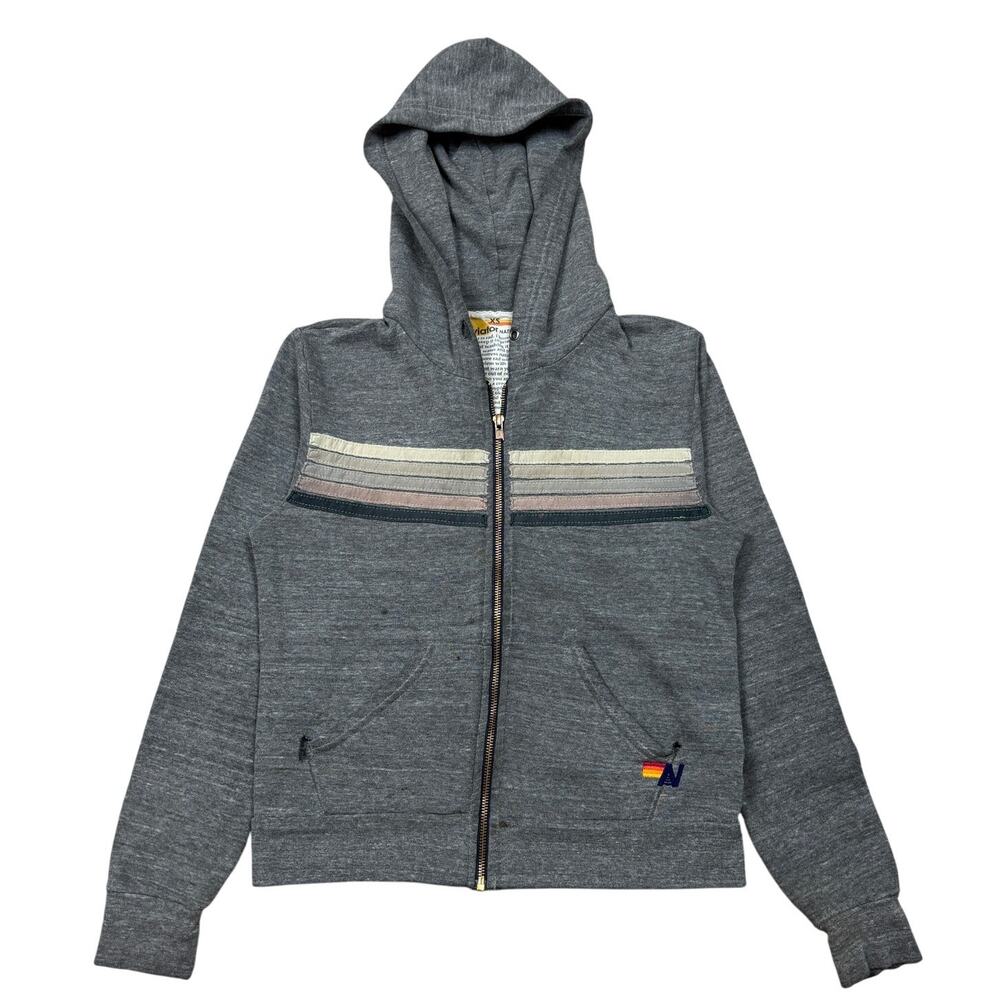Aviator Nation 5 Stripe Gray Gradient Full Zip Distressed Hoodie XS Grunge